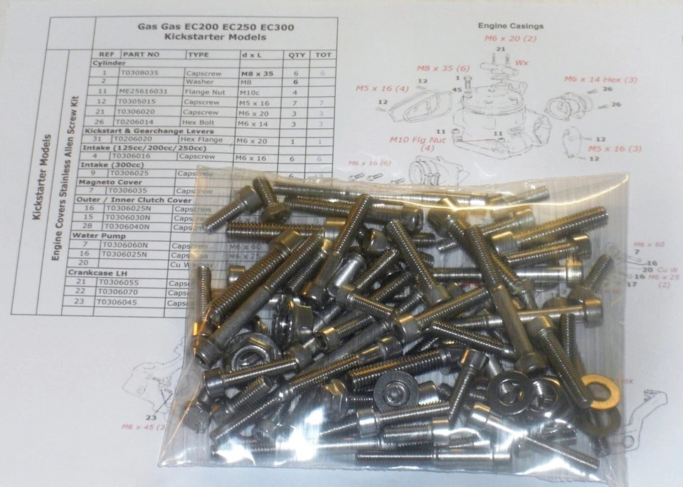 GasGas EC200 EC250 EC300 Kickstart Engine 68 Stainless Allen Bolts Capscrews Kit - Image 2 of 4