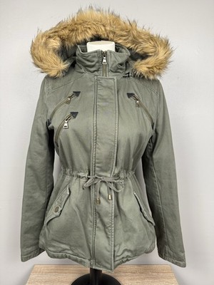 Express Olive Green Military Jacket Faux Fur Parka Cinched