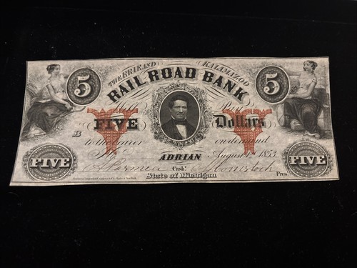 1853 $5 ERIE & KALAMAZOO Railroad Bank ADRIAN Michigan Obsolete Currency - Picture 1 of 9