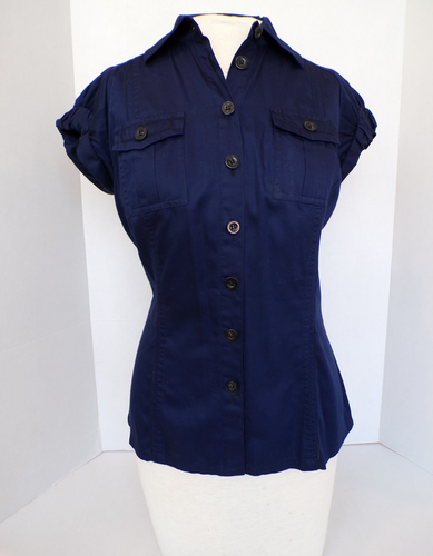 Diane Von Furstenberg Short Sleeve Button-Up Top Navy Blue Womens Size 4 - Picture 3 of 12
