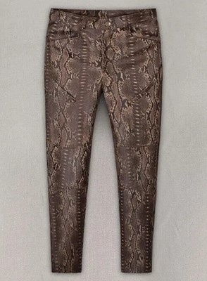 Herren Python Brauner Druck Leder Hose 100% Echt Lammleder Stylisch Slim Fit