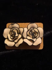 Black & White Fimo Clay Flower Rose Bub Earrings ¾" Round Stud Pierced 