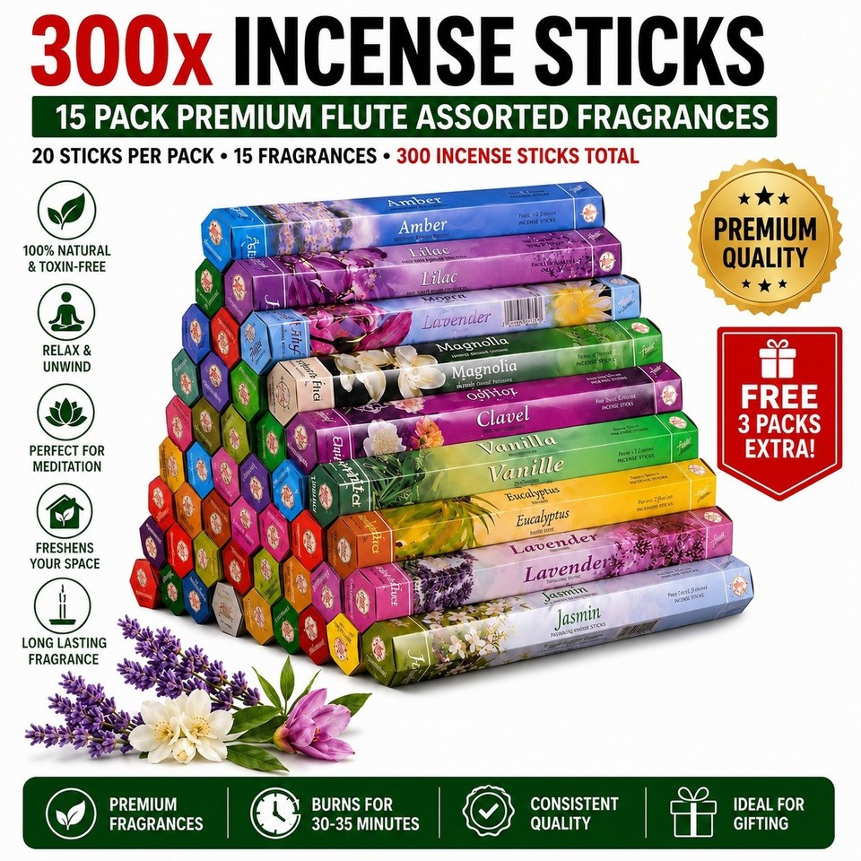 Incesce Sticks 300x INCENSE STICKS 15 PACK PREMIUM FLUTE ASSORTED FRAGRANCES | eBay