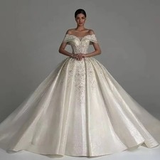 Satin Beading Wedding Dresses Back Lace Up Sleeveless Boat Neck Bridal Gowns