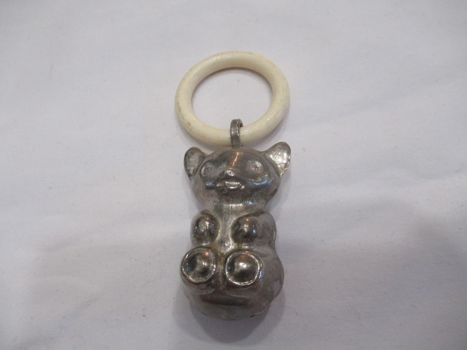VINTAGE Silver Plated Baby Rattle With Plastic Teething Ring Kitty Cat MOUSE?