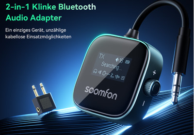 Bluetooth Adapter 2in1 Sender Empfänger 3.5mm, Display, Akku, für 2 Kopfhörer...