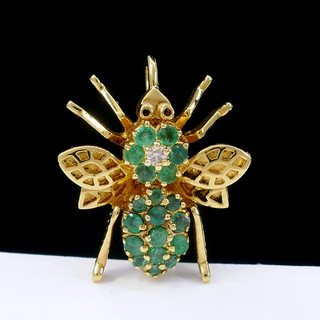 PAJ GOLD PLATED OVER STERLING SILVER VERMAIL EMERALD CZ BUG BEE PIN/BROOCH/PENDA