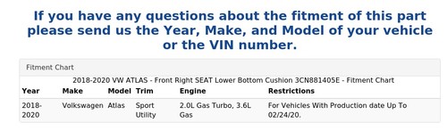 2018-2020 VW ATLAS - Front Right SEAT Lower Bottom Cushion 3CN881405E - Picture 8 of 8