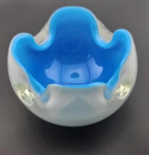 Beautiful Vintage Murano Blue Cased In White and Clear Art Glass Ashtray Dish 5"