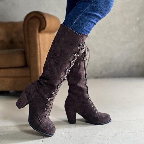 Stivali donna stringati tacco basso blocco al ginocchio larghi polpaccio scarpe equitazione
