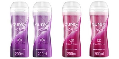 Durex 2in1 Massage- und Gleitgel 4er Set für sinnliche Liebesmassagen mit 2x Gua