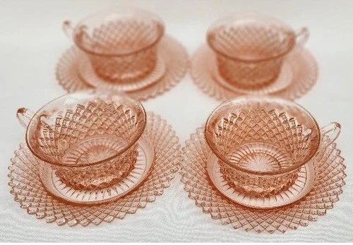 Vintage Pink Depression Glass MISS AMERICA 4 Cup & Saucer Sets  1934 - 1938