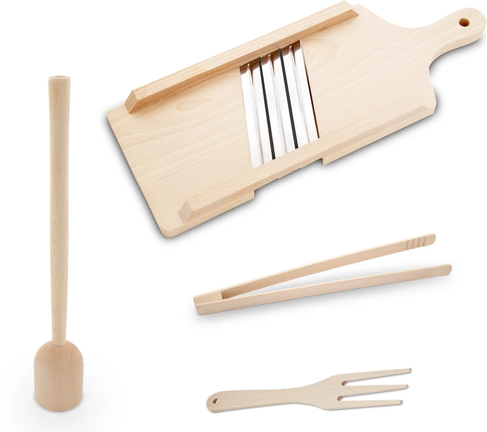 KERAZO Holz Set 4-teilig Krauthobel Krautreibe 3-Messer, Stampfer, Zange, Gabel