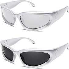 knliwkm 2 Pairs Y2K Wrap Around Sunglasses Sports Futuristic Oval Glasses