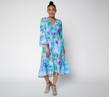 Susan Graver Petite Printed Dolce Woven Smocked Waist Midi Dress Water Lagoon XL