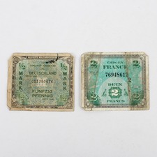 2 Allied Occupation Currency Banknotes 1944 Germany 1/2 Mark France 2 Francs