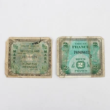 2 Allied Occupation Currency Banknotes 1944 Germany 1/2 Mark France 2 Francs