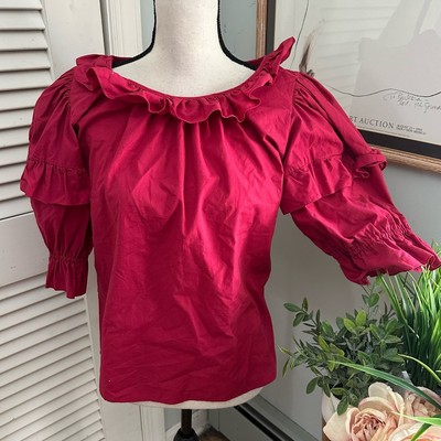 Vintage CHAUS Top Red Ruffled Puff Sleeve Feminine Milkmaid Romantic Spring  7/8