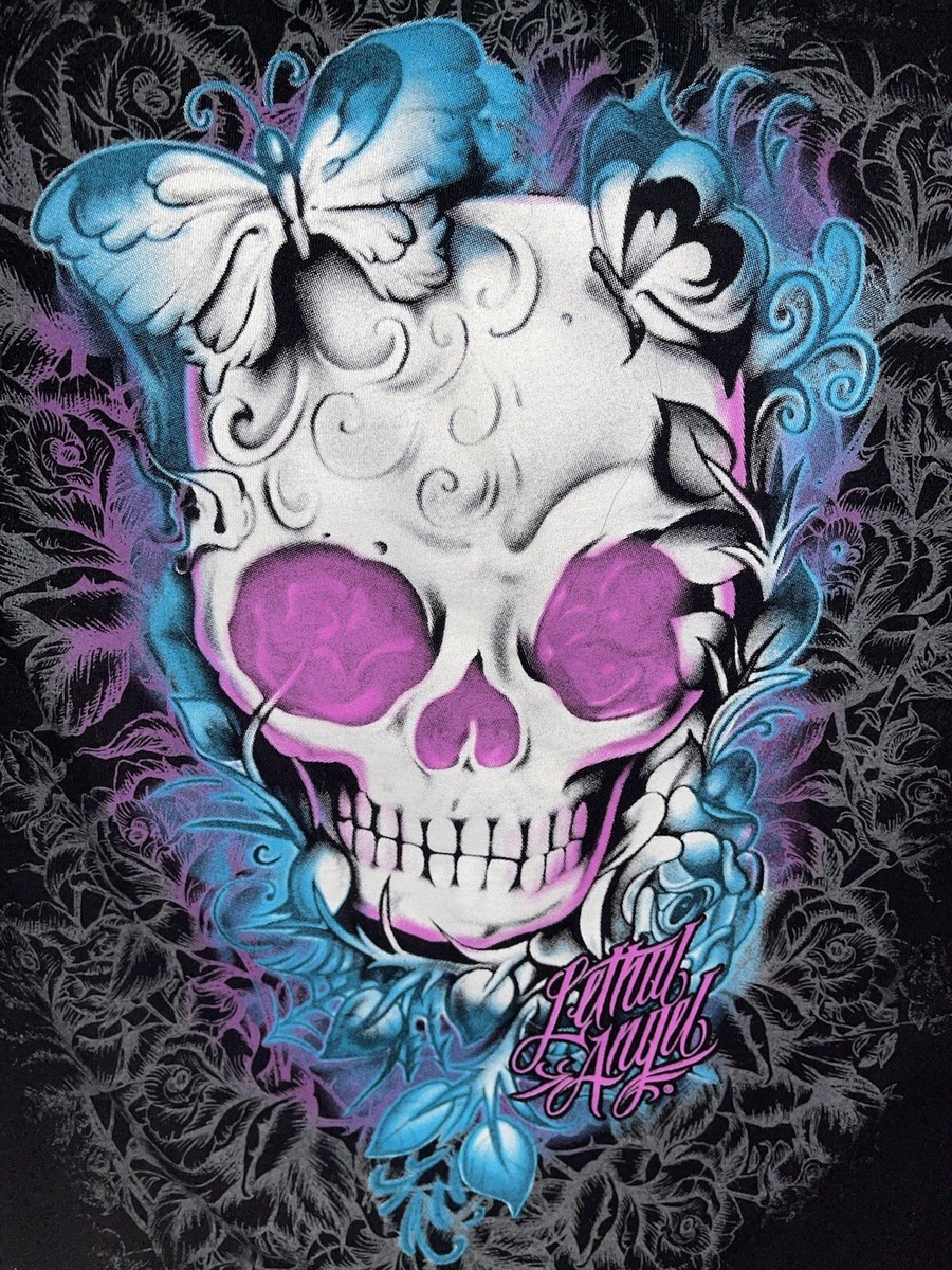 Lethal Angel XXL Top Skull Pink Blue Butterfly Black T-shirt