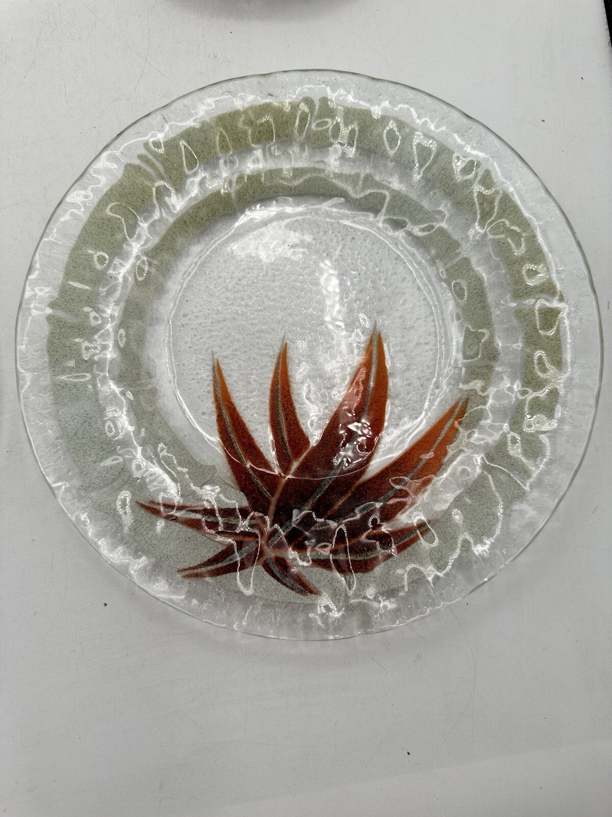 Fused Glass Plate And Bowl Set Of Four Bamboo Style Edging With Red Agave Plant 