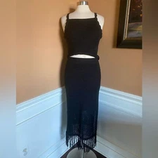 House of Harlow 1960 Knit 2 piece top with maxi fringe skirt black M Boho Chic