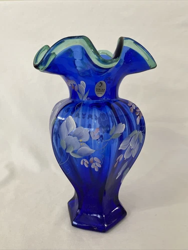 Fenton 1998 COBALT BLUE 75th Anniversary HEXAGONAL VASE Hand Painted Signed VGC