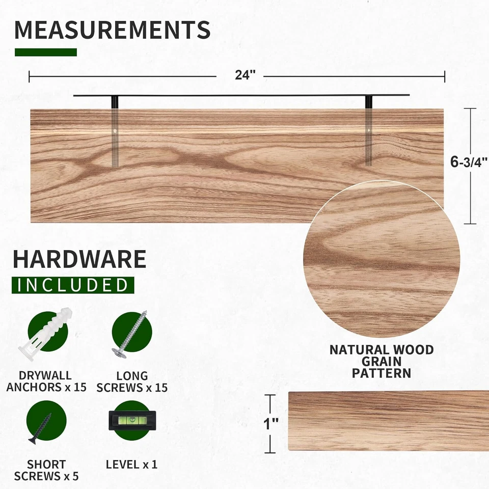 Floating Shelves, 24 Inch Wall Shelf Set of 2, Rustic Wood Shelves for Wall Stor - Image 2 of 3
