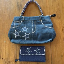Vintage 90s Y2k Purse  Wallet Denim Jean Shorts Embellished Bead Strap Stars