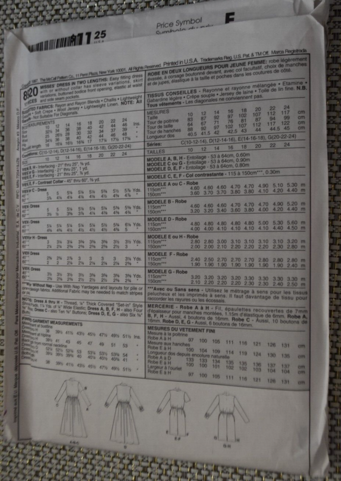 McCall's 8920 Misses Dress in 8 Great Looks Pattern Sz 12-14-16 Uncut ...