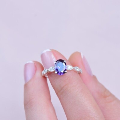 Oval Cut Purple Amethyst 14K White Gold Plated silver Art Deco Cocktail Ring