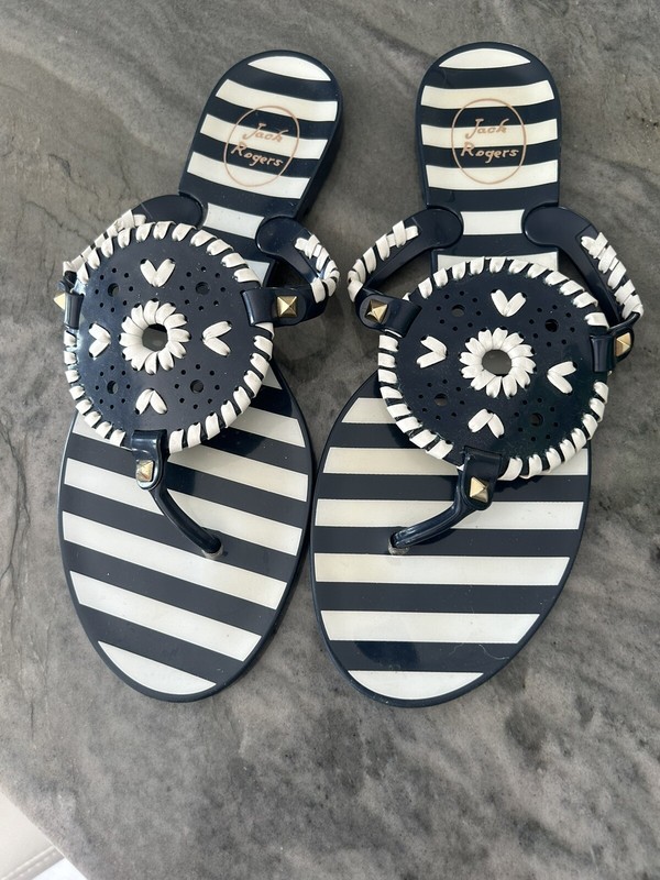 Jack Rogers Navy Blue White Striped Slip On Rubber Flip Flops Sandals 9