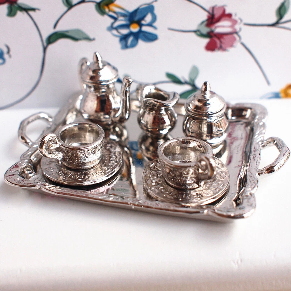 Dollhouse 1:12 Scale Pocket Miniature Silver Metal Tea Set Coffee Set Decoration - Image 4 of 4