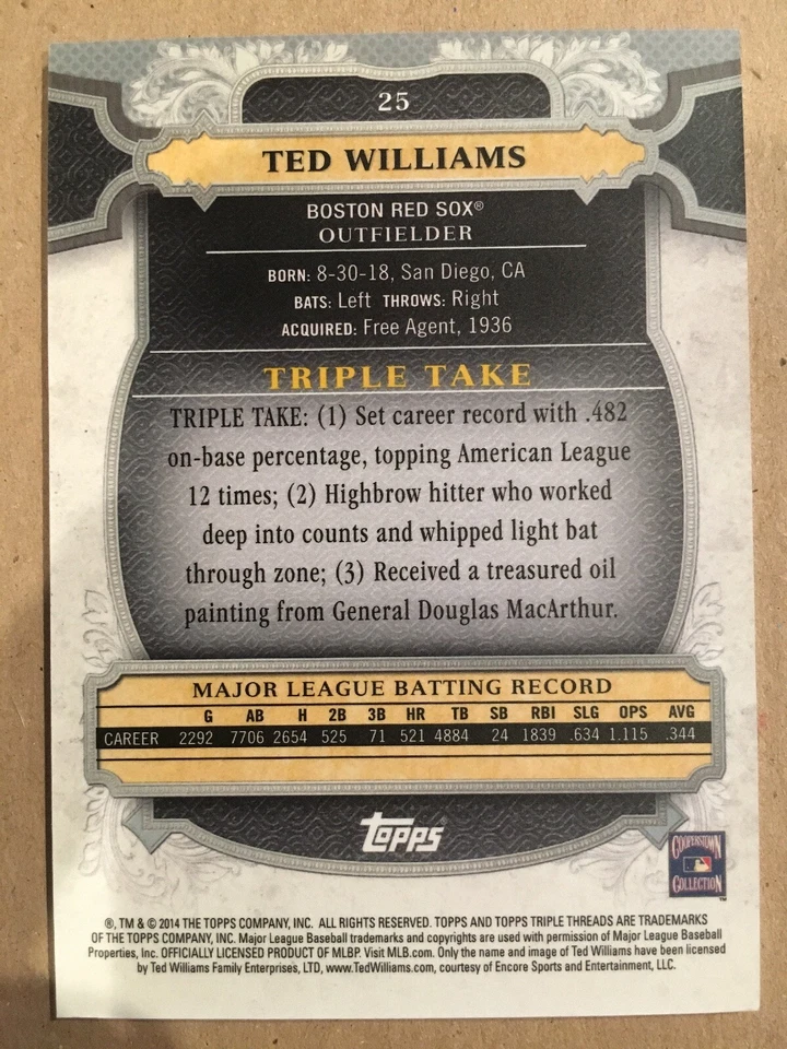 2014 Topps Triple Threads #25 Ted Williams Boston Red Sox - Image 2 of 2