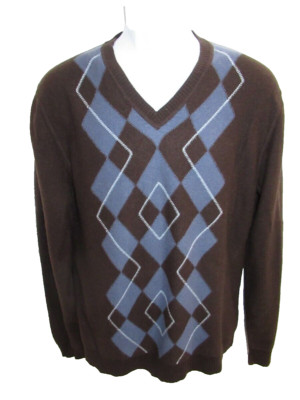 Christopher Fischer 100% Cashmere Brown Blue Argyle V-neck Sweater Men's M
