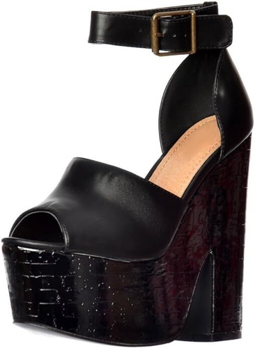 Womens Open Toe Strappy Platform Demi Wedge Party Summer High Sandals Size Black - Picture 2 of 12