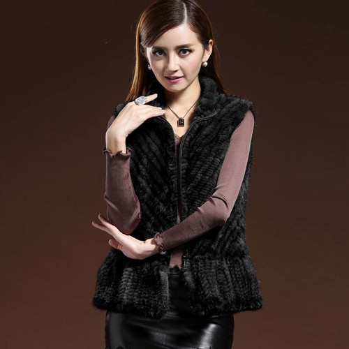 Hand Knit Mink Fur Vest Women Hight Quality Striped Mink Fur Wests Sleeveless - Picture 4 of 8