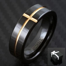 6/7mm Black Tungsten Polished Rose Gold Plated w/ Cross Stripe Wedding Band Ring