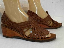 NOS 6.5 Vtg 70s Shoes Huarache Brown Leather Wedge Wood Heel Brazil Sandals Boho