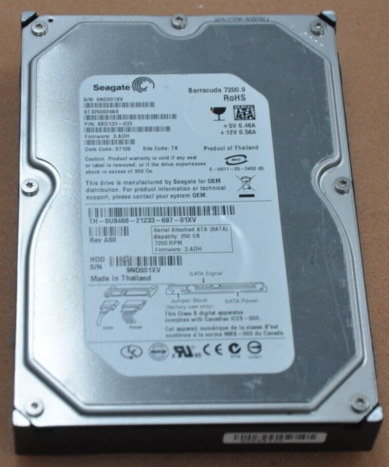 Seagate ST3250824AS PN 9BD133-033 FW 3.ADH 250GB SATA 3.5 Internal Hard Drive
