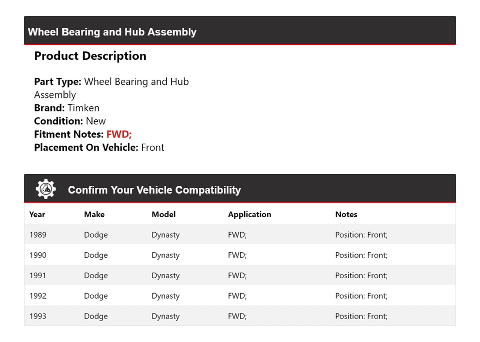 Conjunto de cojinete de rueda y buje delantero Timken 1990 para Dodge Dynasty 1989-1993 tracción delantera Foto 2 de 4