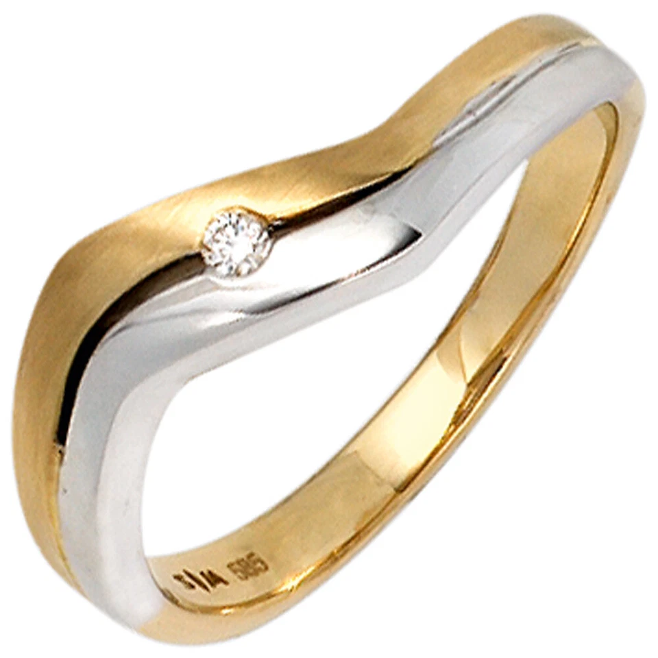 Damen Ring 585 Gold mit Weißgold bicolor Diamant 14 Kt Goldring geschwungen neu - Bild 1 von 1