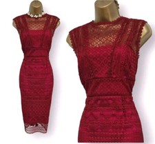 Karen Millen Dress UK 12 Burgundy Lace Overlay Pencil Occasion  RRP £215