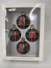 Set Of 4 Holiday Plaid Glass Bulbs Red And Green With Gold Glitter