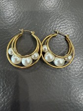 Napier Faux Pearl Hoop Earrings Gold Tone Pierced Vintage Free Shipping