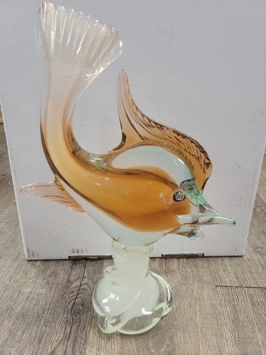 Vintage Italian MURANO Glass Fish Figurine Pedestal 12.5” Art Glass Deco