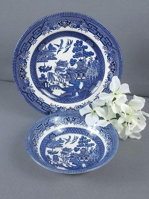 Vintage Churchill Blue Willow Plate & Bowl Set   English Transferware Set