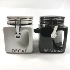 OGGI Coffee Canister Pair Porcelain Air-Tite Quart 6x5” No Spoons Regular Decaf