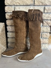 Vintage Fringed Suede Moccasin Boots Womens Sz 9 Pull On Boho Festival