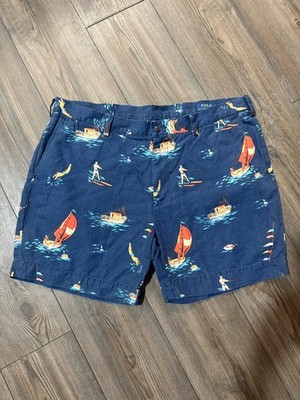 Polo Ralph Lauren Shorts Mens 36 Blue Nautical Sailboat Linen Blend 6'' Classic