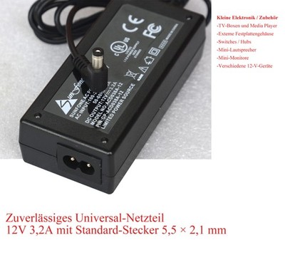 NETZTEIL 12V 3,2A POWER ADAPTER  5,5x2,1 mm STECKER FÜR LED, KAMERA, ROUTER ML1